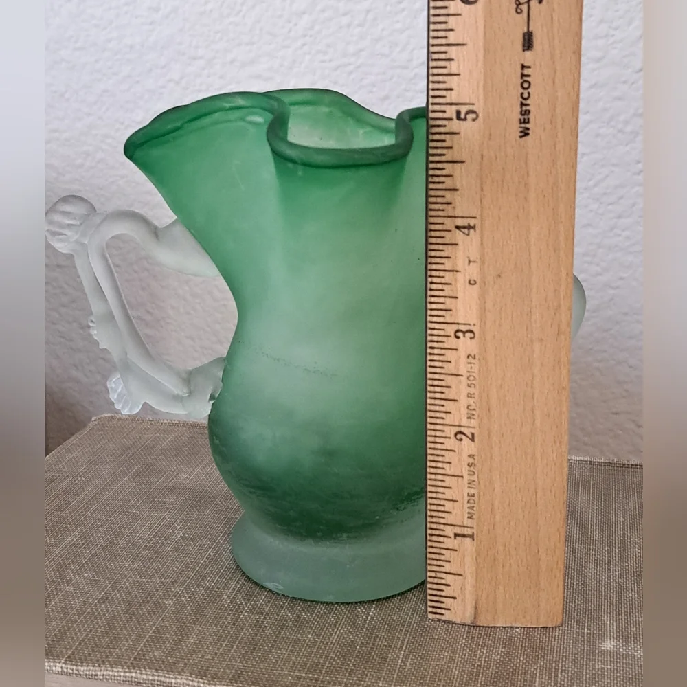 Handblown Green Glass Vase W/Handles & Ruffle Rim 5